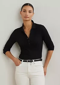 Rib-Knit Three-Quarter-Sleeve Polo Shirt