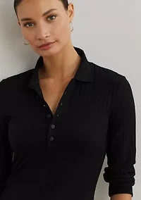 Rib-Knit Three-Quarter-Sleeve Polo Shirt