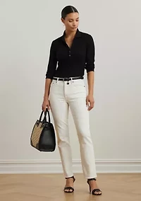 Rib-Knit Three-Quarter-Sleeve Polo Shirt