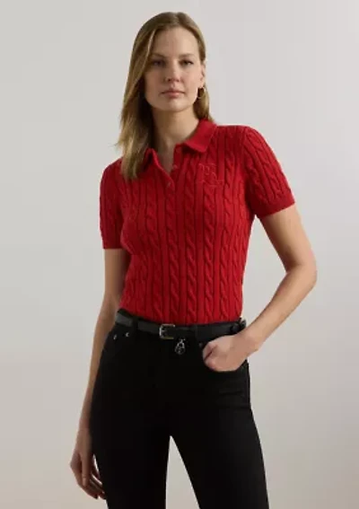 Petite Cable-Knit Cotton Polo Sweater