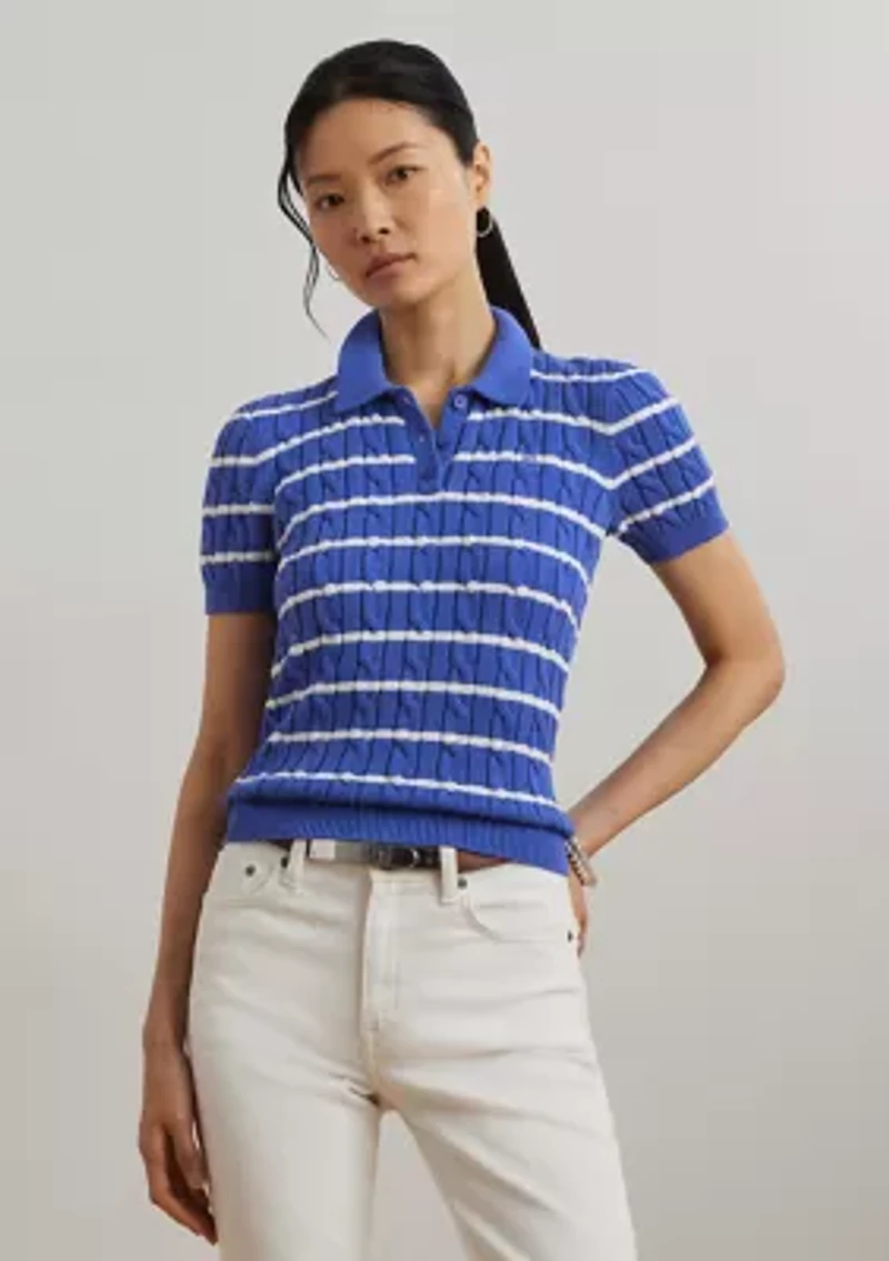 Striped Cable Knit Cotton Polo Sweater