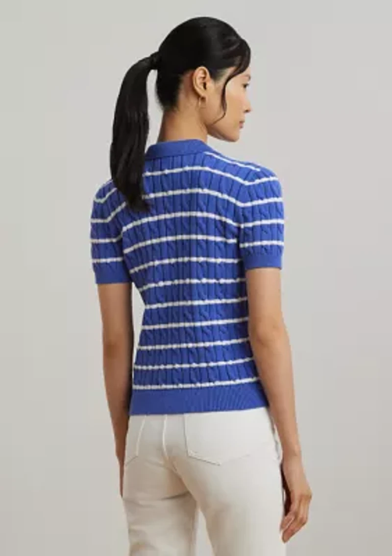 Striped Cable Knit Cotton Polo Sweater