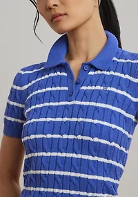 Striped Cable Knit Cotton Polo Sweater
