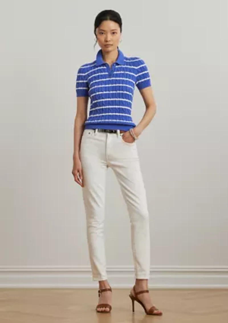 Striped Cable Knit Cotton Polo Sweater