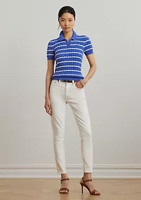Striped Cable Knit Cotton Polo Sweater