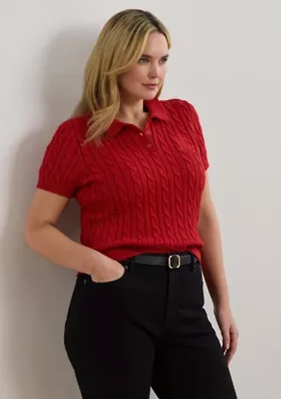 Plus Cable Knit Cotton Polo Sweater