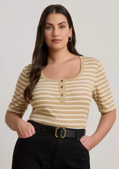 Plus Striped Elbow Sleeve Henley Top