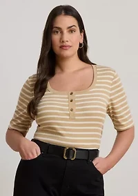 Plus Striped Elbow Sleeve Henley Top