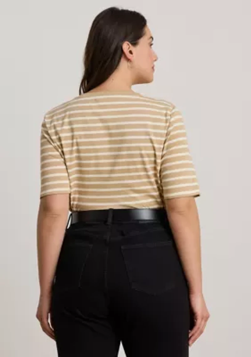 Plus Striped Elbow Sleeve Henley Top