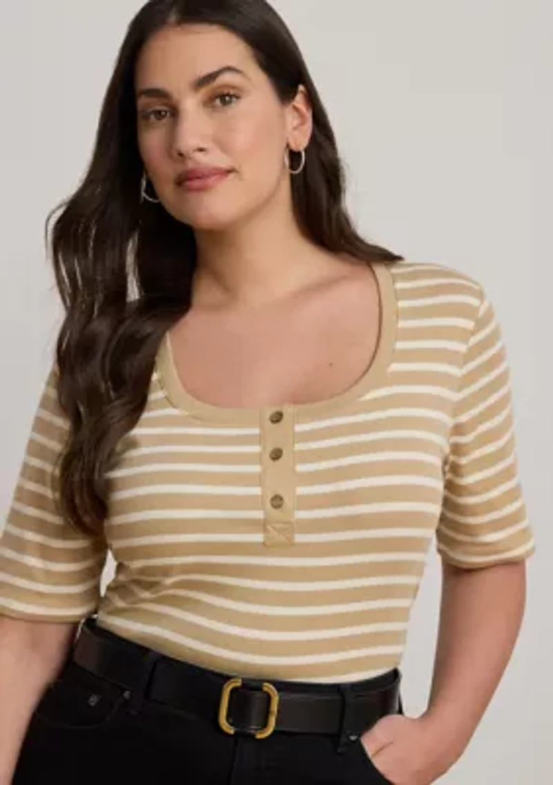 Plus Striped Elbow Sleeve Henley Top