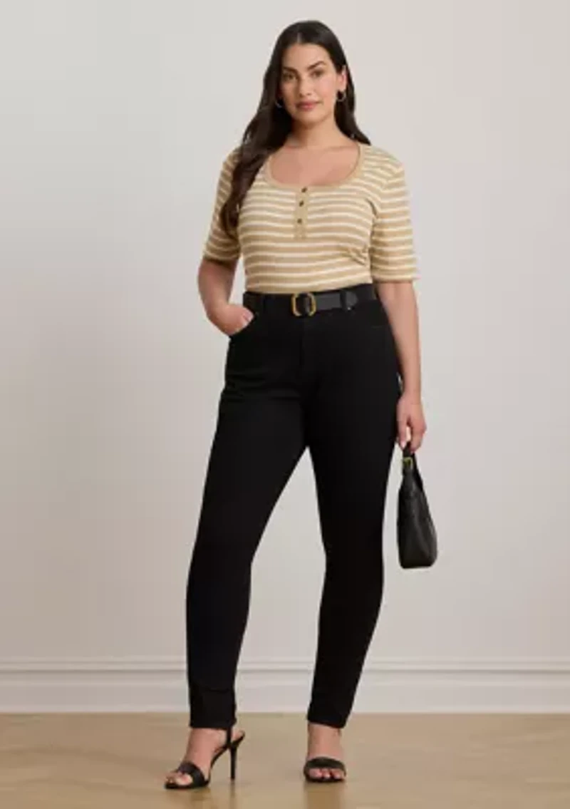 Plus Striped Elbow Sleeve Henley Top