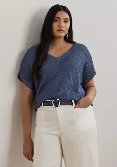 Women's Linen-Blend Short-Sleeve V-Neck Sweater