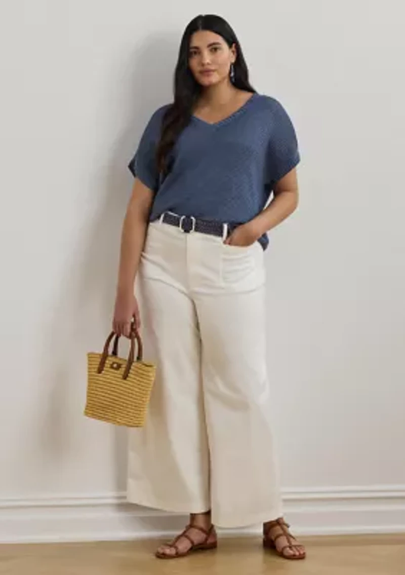 Women's Linen-Blend Short-Sleeve V-Neck Sweater