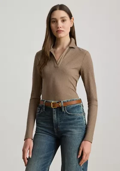 Rib-Knit Long-Sleeve Polo Top