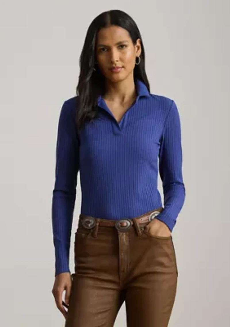 Rib-Knit Long-Sleeve Polo Top