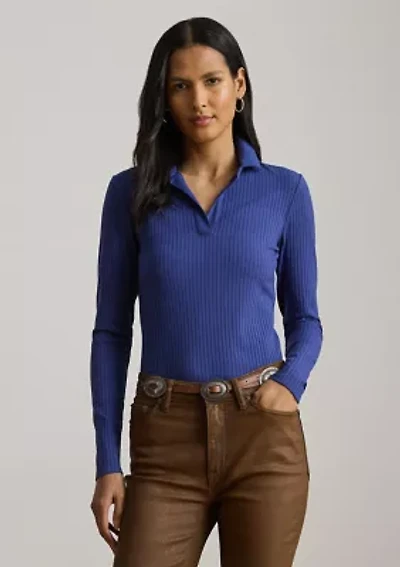 Rib-Knit Long-Sleeve Polo Top