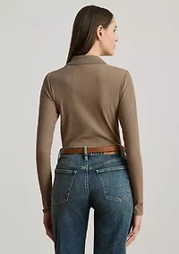 Rib-Knit Long-Sleeve Polo Top
