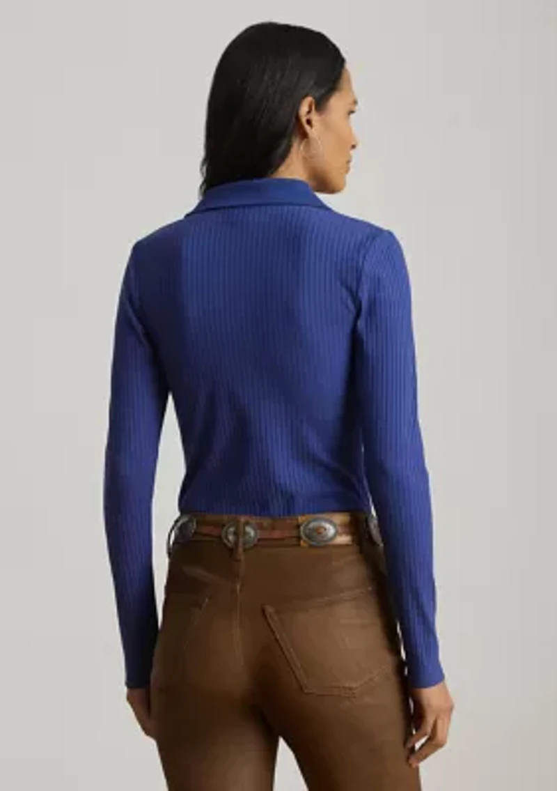 Rib-Knit Long-Sleeve Polo Top