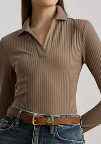 Rib-Knit Long-Sleeve Polo Top