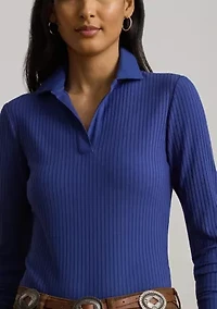 Rib-Knit Long-Sleeve Polo Top