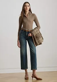 Rib-Knit Long-Sleeve Polo Top