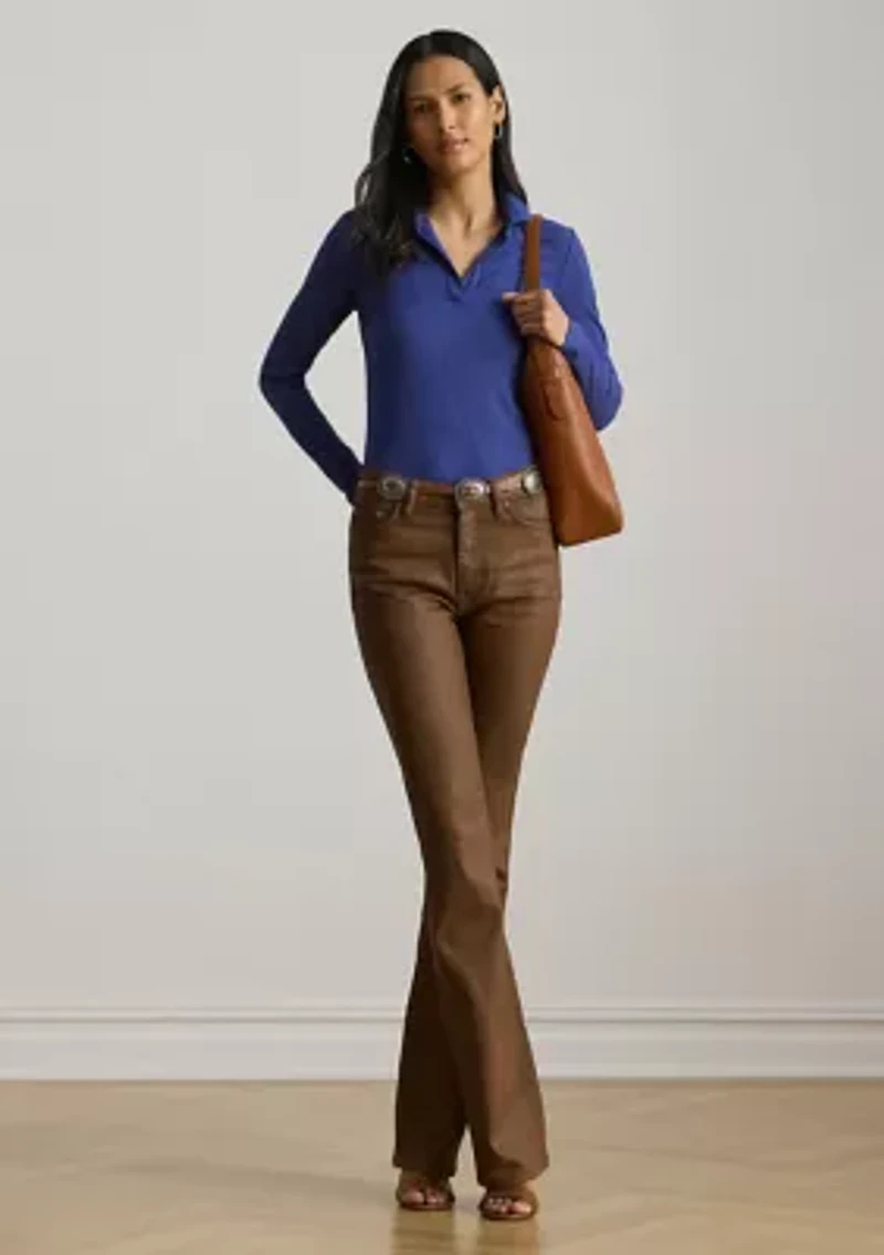 Rib-Knit Long-Sleeve Polo Top