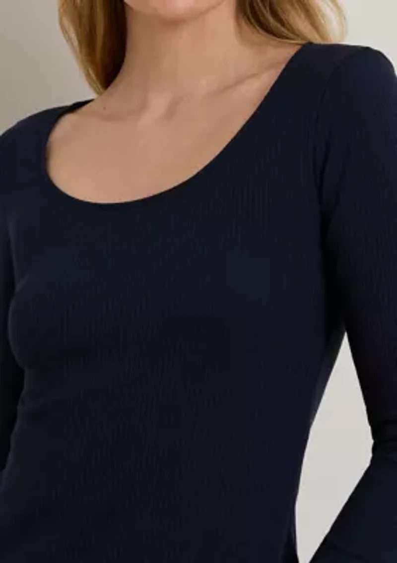 Rib-Knit Long-Sleeve Scoop Neck Tee