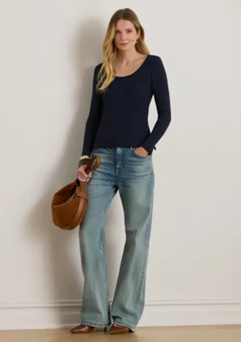 Rib-Knit Long-Sleeve Scoop Neck Tee