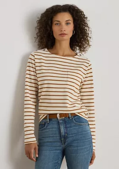 Striped Jersey Snap-Trim Boatneck Top