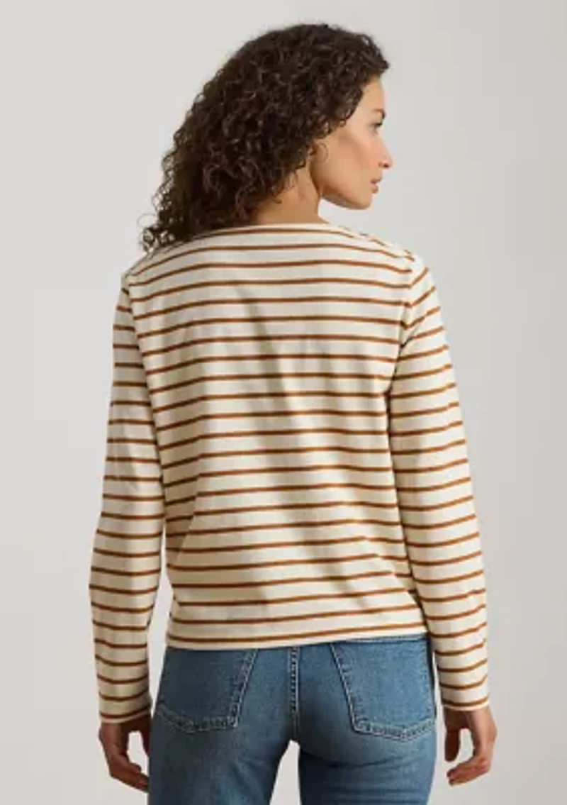 Striped Jersey Snap-Trim Boatneck Top