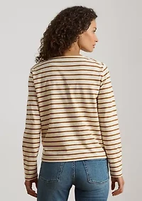 Striped Jersey Snap-Trim Boatneck Top