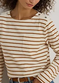 Striped Jersey Snap-Trim Boatneck Top