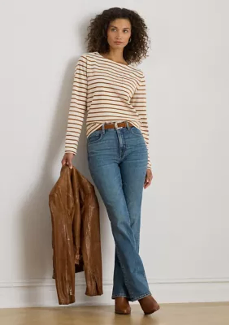 Striped Jersey Snap-Trim Boatneck Top