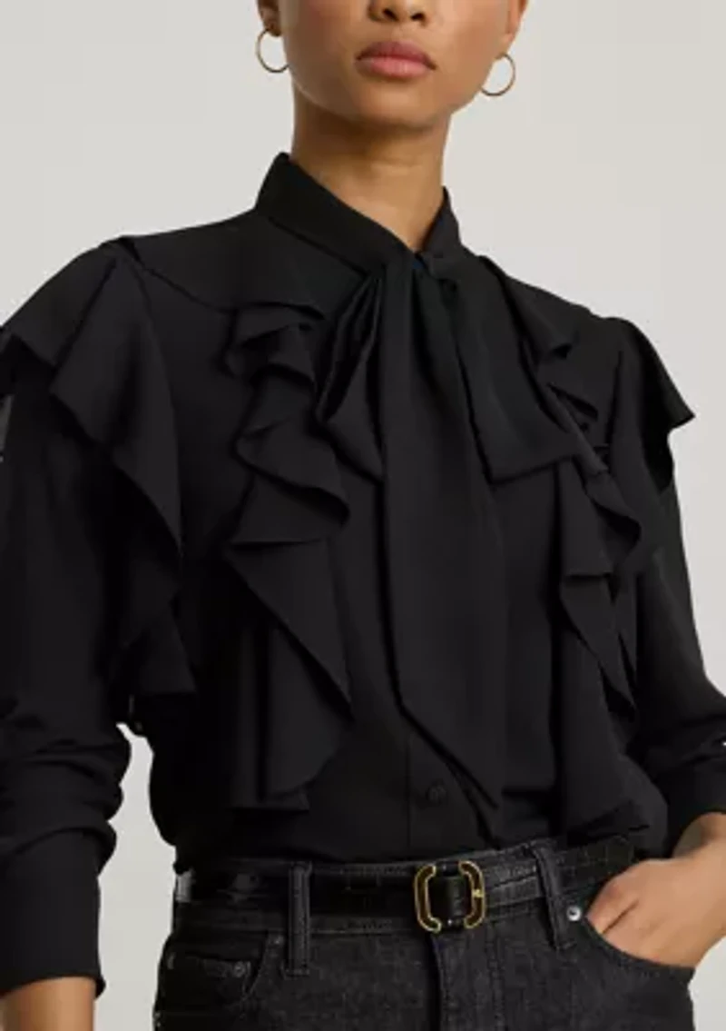 Women's Ruffle-Trim Georgette Tie-Neck Blouse