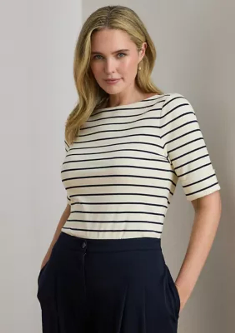 Plus Striped Stretch Cotton Boat Neck T-Shirt