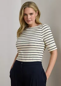 Plus Striped Stretch Cotton Boat Neck T-Shirt