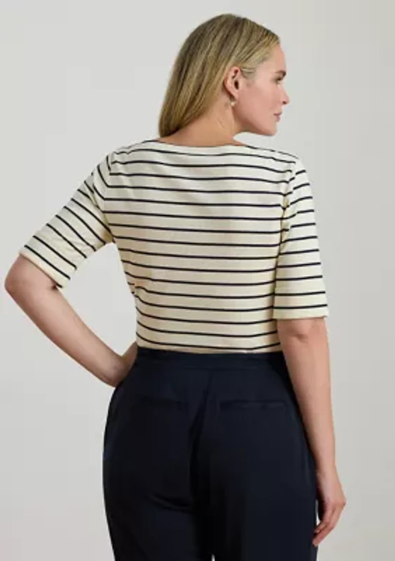 Plus Striped Stretch Cotton Boat Neck T-Shirt
