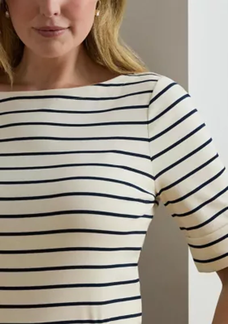 Plus Striped Stretch Cotton Boat Neck T-Shirt