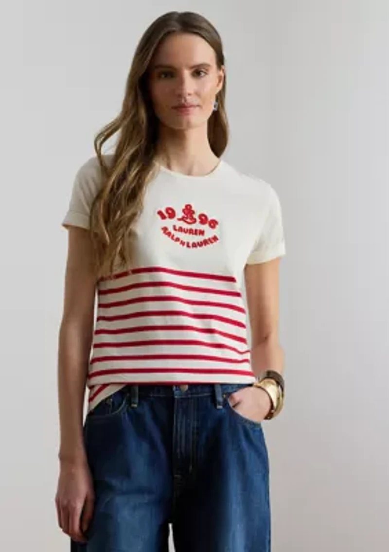 Women's Striped Embroidered-Logo Jersey T-Shirt