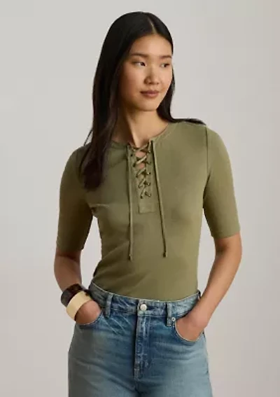 Women's Lace-Up Ribbed Elbow-Sleeve T-Shirt