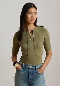 Women's Lace-Up Ribbed Elbow-Sleeve T-Shirt