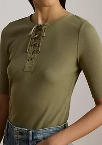 Women's Lace-Up Ribbed Elbow-Sleeve T-Shirt