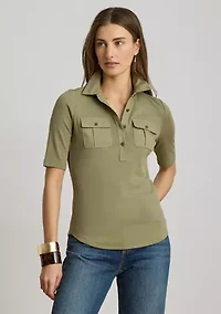 Rib-Knit Elbow-Sleeve Collared Top