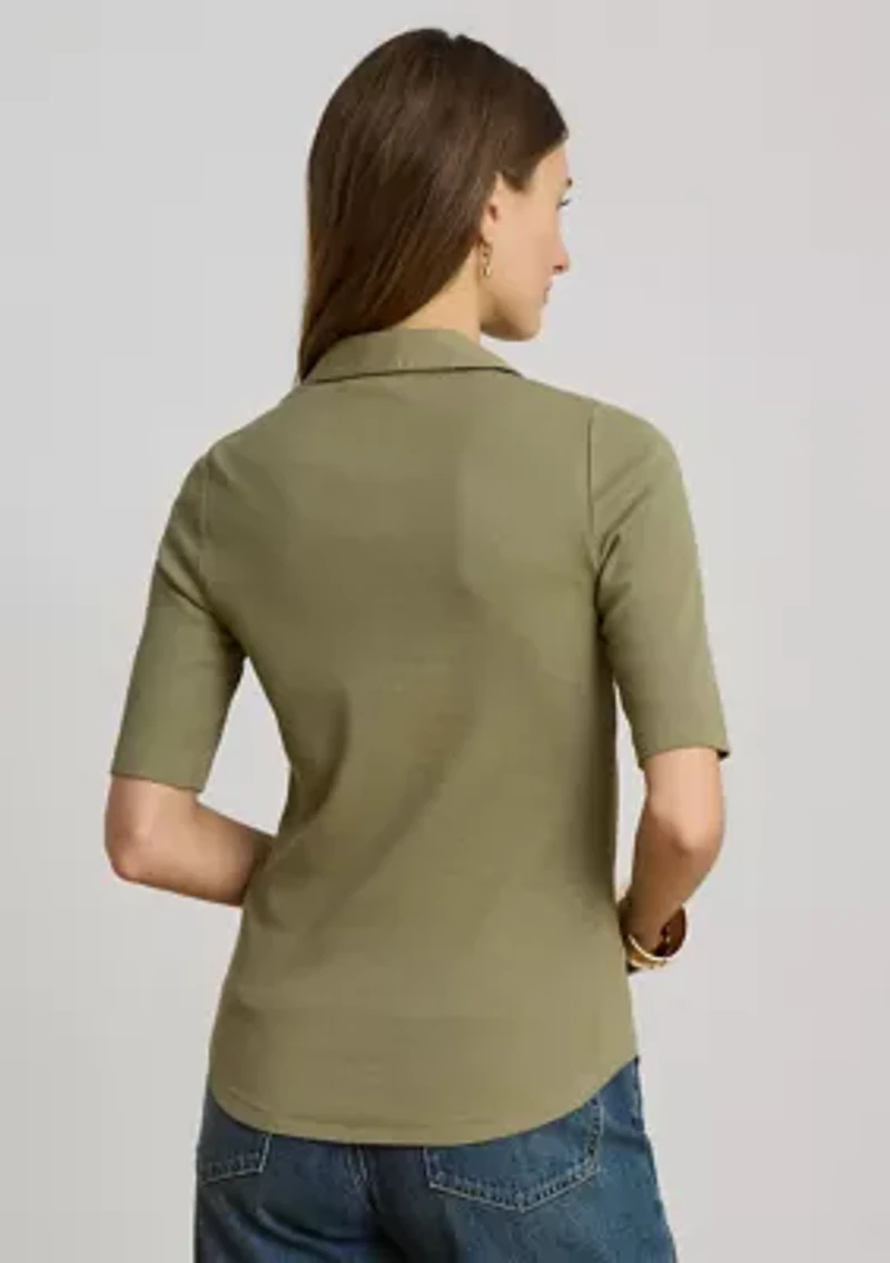 Rib-Knit Elbow-Sleeve Collared Top