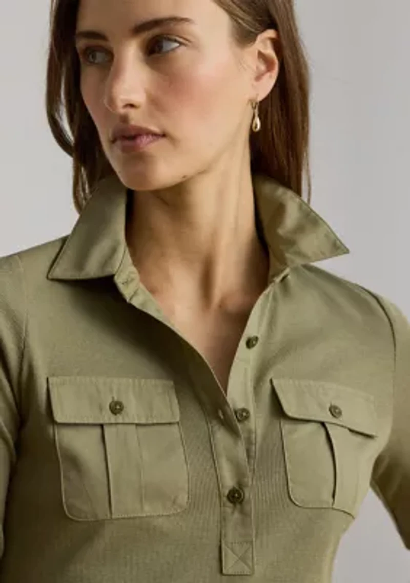 Rib-Knit Elbow-Sleeve Collared Top
