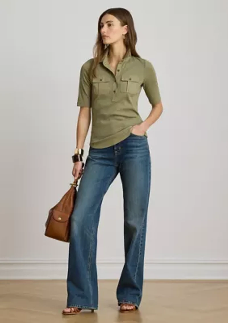 Rib-Knit Elbow-Sleeve Collared Top