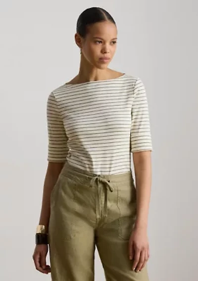 Petite Striped Stretch Cotton Boat Neck T-Shirt
