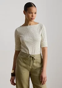Petite Striped Stretch Cotton Boat Neck T-Shirt