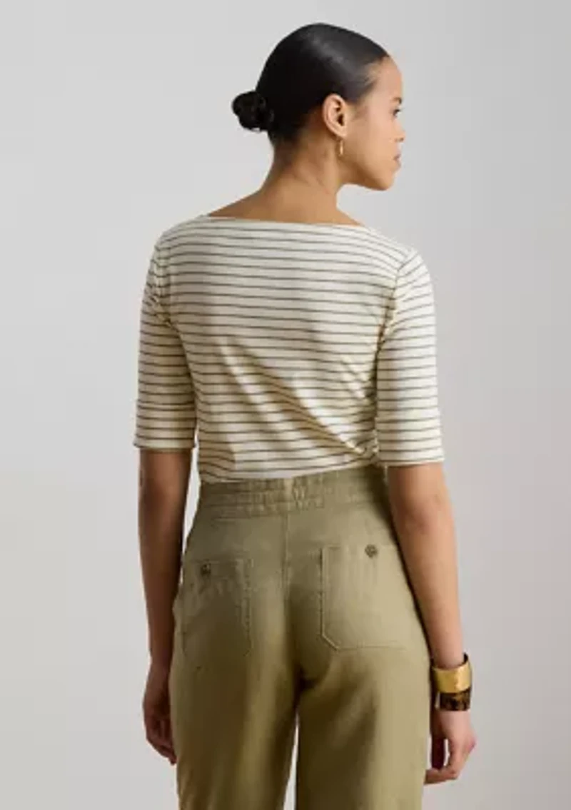 Petite Striped Stretch Cotton Boat Neck T-Shirt