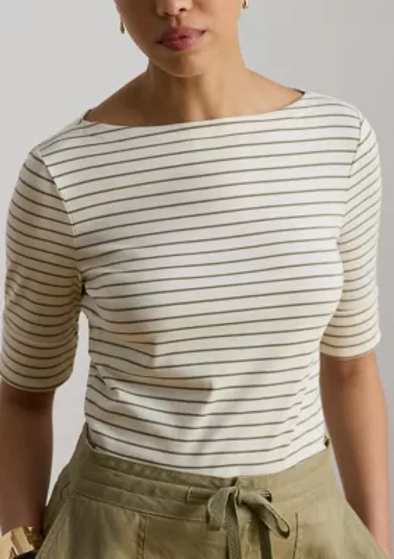 Petite Striped Stretch Cotton Boat Neck T-Shirt